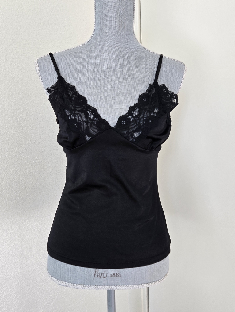 Y2K Charlotte Russe Black Satin Babydoll Camisole Tank Top Lace Trim Medium